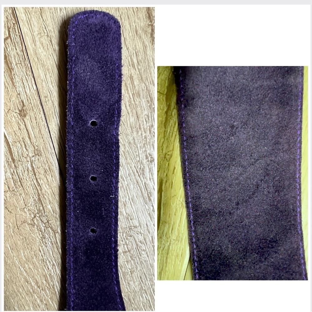 🎁 Vintage Leather Belt 1983 French | Deep Purple Suede | Asymmetrical Detail New - Picture 6 of 16